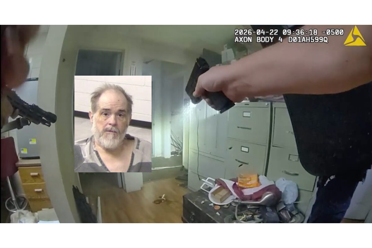 Officer in a bodycam scene points a handgun in a cluttered room; inset shows a bearded man's mugshot.
