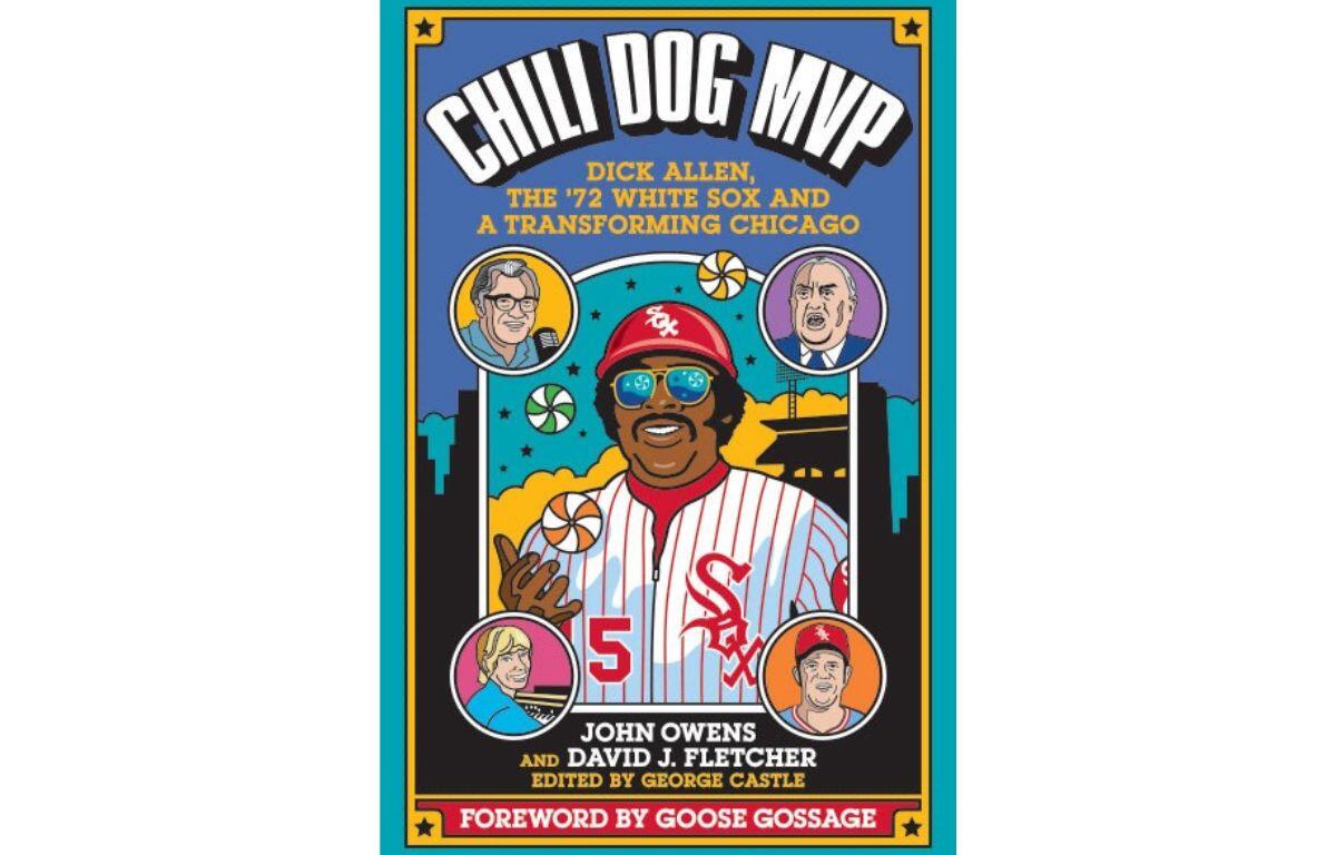 Book cover for Chili Dog MVP: a stylized baseball player in a red pinstripe jersey with sunglasses, framed by portraits around the edges.