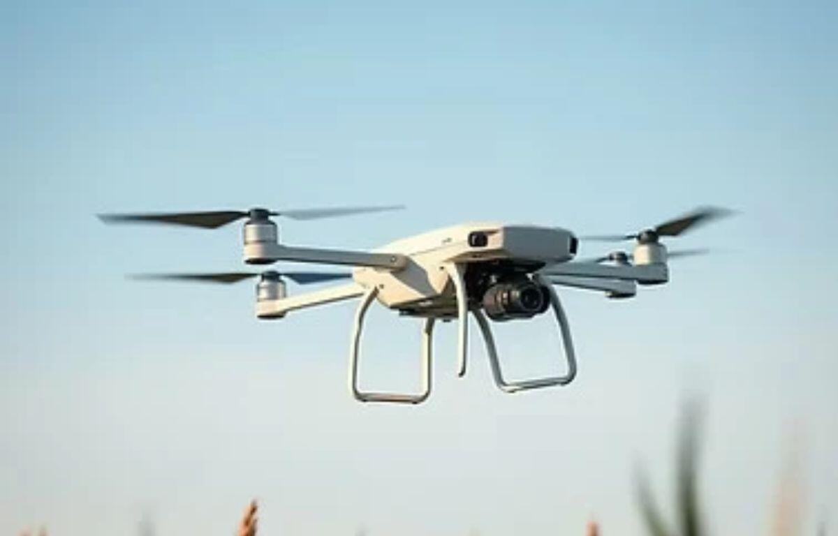 White quadcopter drone with a forward-facing camera hovering in a clear blue sky.