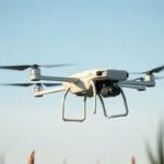 White quadcopter drone with a forward-facing camera hovering in a clear blue sky.