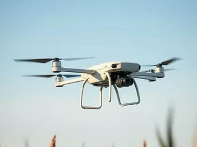 White quadcopter drone with a forward-facing camera hovering in a clear blue sky.