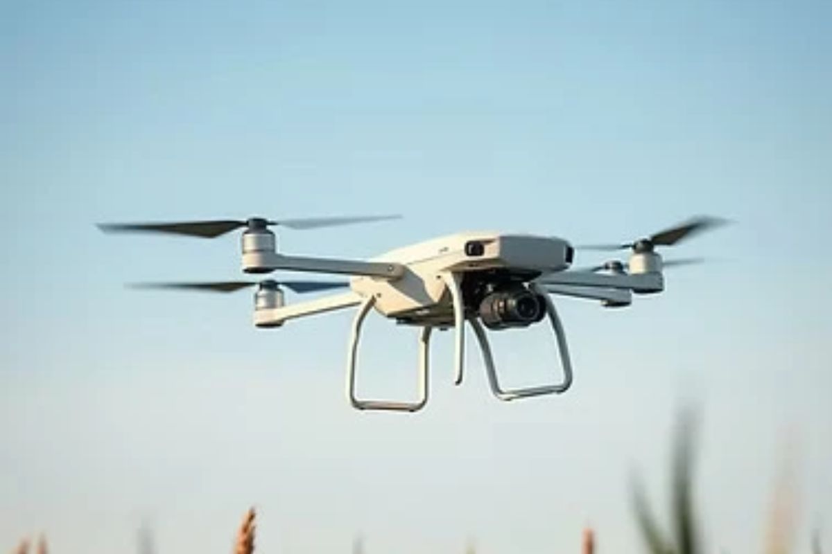 White quadcopter drone with a forward-facing camera hovering in a clear blue sky.