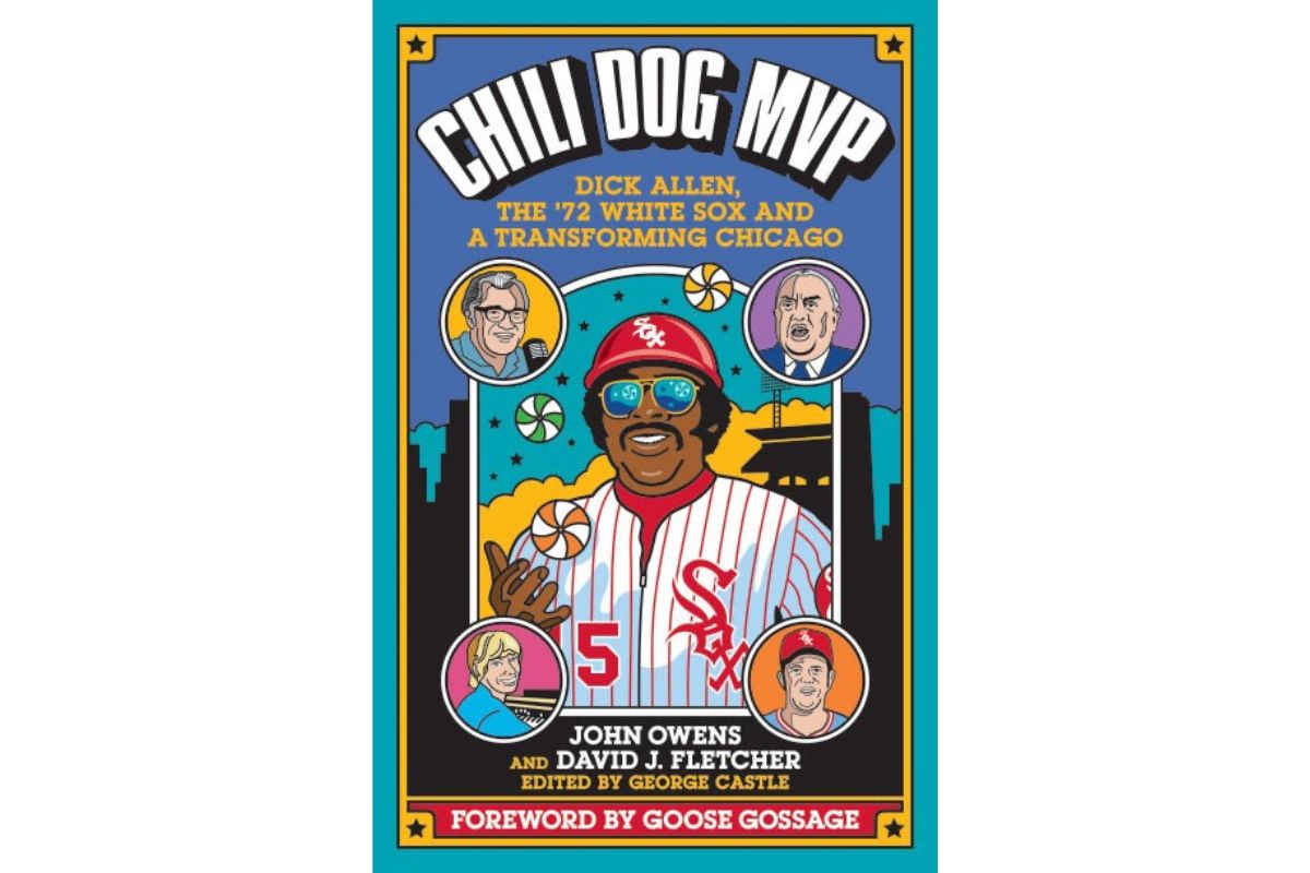 Book cover for Chili Dog MVP: a stylized baseball player in a red pinstripe jersey with sunglasses, framed by portraits around the edges.