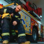 Firefighter in full gear sitting by a colorful fire truck, putting on or inspecting a helmet in a station bay.