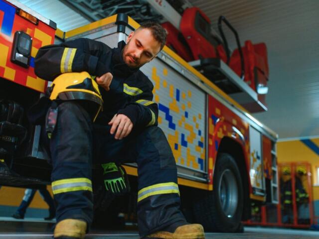 Firefighter in full gear sitting by a colorful fire truck, putting on or inspecting a helmet in a station bay.