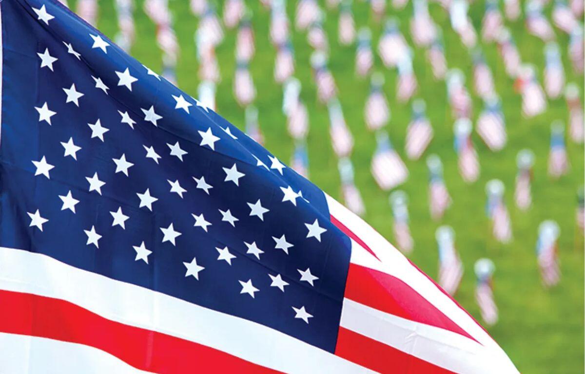 Close-up of a waving United States flag in the foreground, with many small American flags planted on a green lawn in the blurred background.