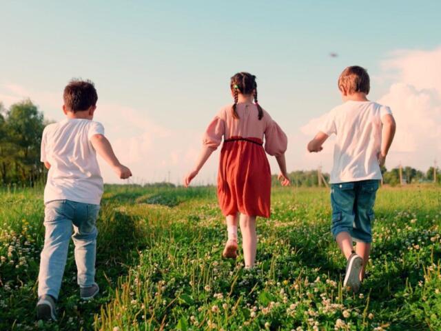 Three children run through a sunny, grassy field with daisies, seen from behind.