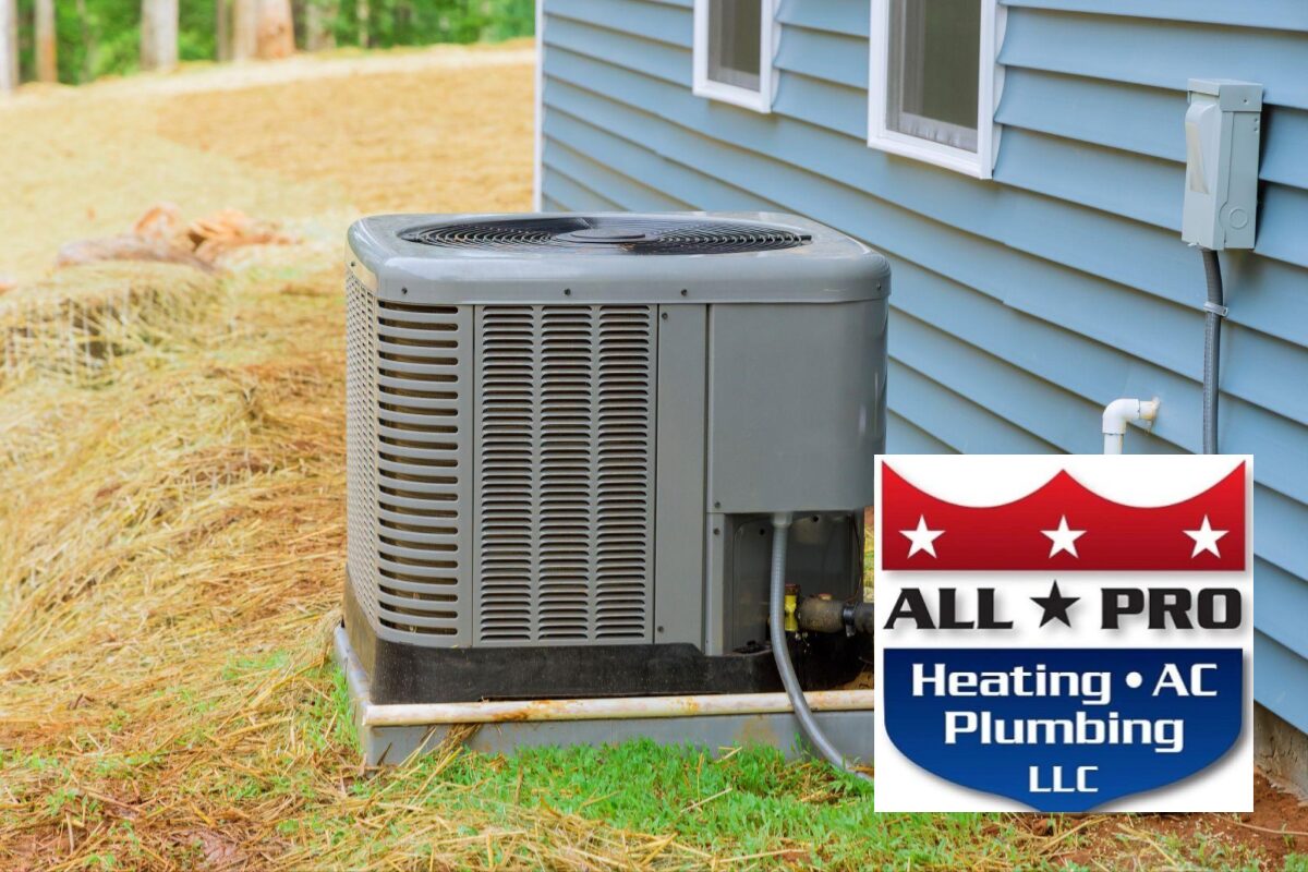 Outdoor air conditioner condenser unit beside a blue house, with an All Pro Heating AC Plumbing LLC logo overlay in the corner.