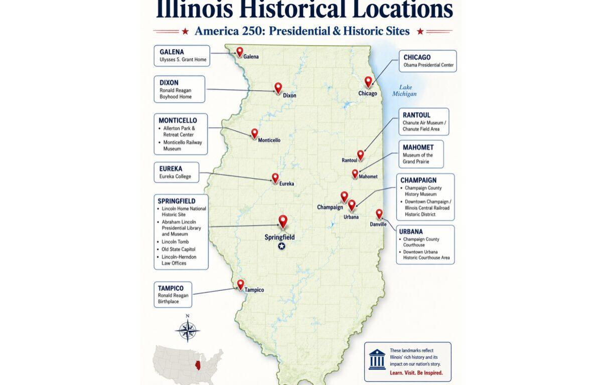 Map of Illinois showing presidential and historic sites marked with red pins in cities like Chicago, Springfield, Champaign, Urbana, Danville, Galena, Dixon, Tampico, Monticello, Eureka, Rantoul, Mahomet, and Danville.