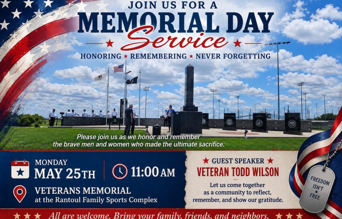 Patriotic Memorial Day flyer advertising a Veterans Memorial event with a large 'Memorial Day Service' heading, flags, and a guest speaker name.