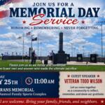 Patriotic Memorial Day flyer advertising a Veterans Memorial event with a large 'Memorial Day Service' heading, flags, and a guest speaker name.