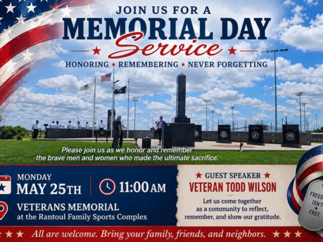 Patriotic Memorial Day flyer advertising a Veterans Memorial event with a large 'Memorial Day Service' heading, flags, and a guest speaker name.