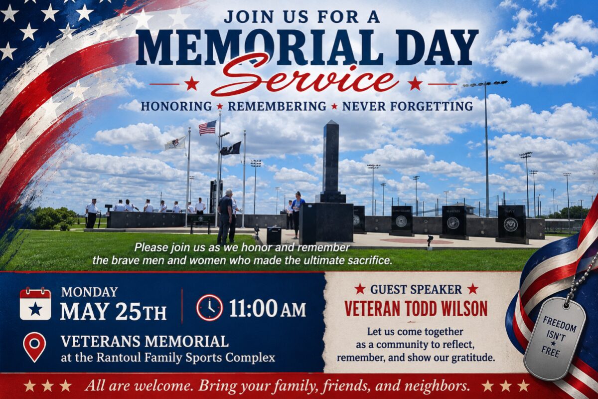 Patriotic Memorial Day flyer advertising a Veterans Memorial event with a large 'Memorial Day Service' heading, flags, and a guest speaker name.