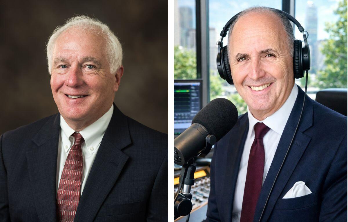 Split image: left shows a smiling older man in a dark suit; right shows a man in a navy suit with headphones at a radio studio.