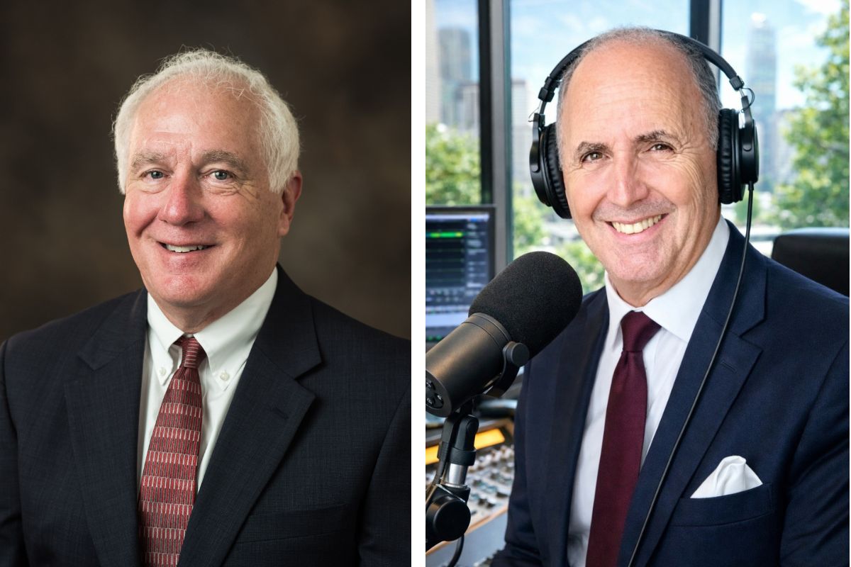 Split image: left shows a smiling older man in a dark suit; right shows a man in a navy suit with headphones at a radio studio.