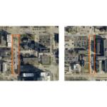 Two aerial map views with a tall orange rectangle outlining a rectangular parcel along a street between buildings.