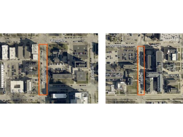 Two aerial map views with a tall orange rectangle outlining a rectangular parcel along a street between buildings.