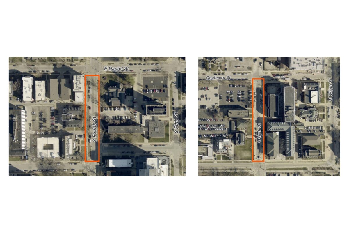 Two aerial map views with a tall orange rectangle outlining a rectangular parcel along a street between buildings.