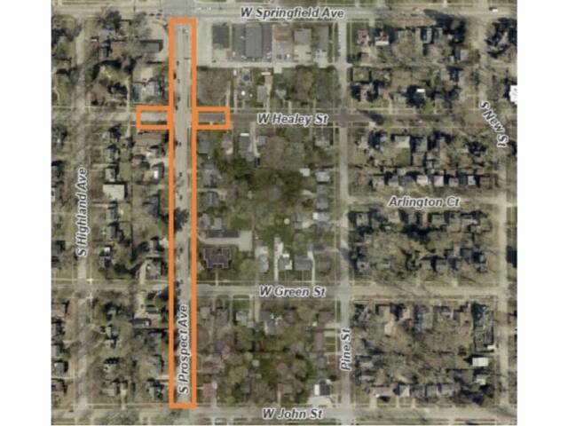 Aerial map with an orange outline highlighting a long vertical strip along S Prospect Ave from W John St upward near W Springfield Ave in a residential area.