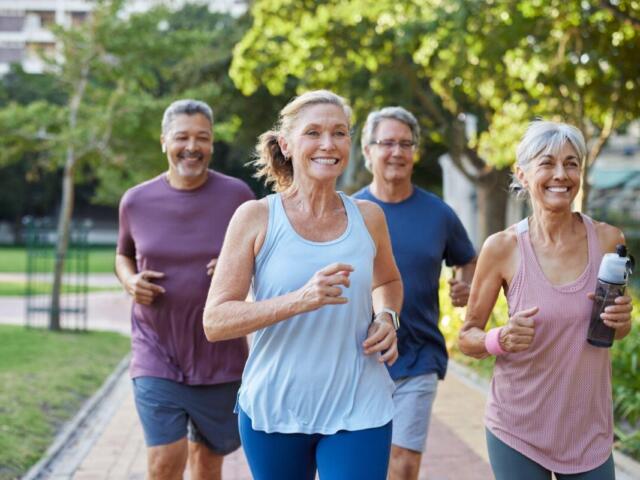 Four adults jogging together on a sunlit park path, smiling as they run.