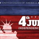 Patriotic image with Statue of Liberty silhouette and bold white text reading '4th July Independence Day' on a red-white-blue wooden background.
