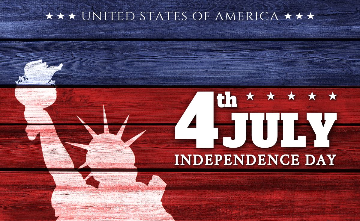 Patriotic image with Statue of Liberty silhouette and bold white text reading '4th July Independence Day' on a red-white-blue wooden background.