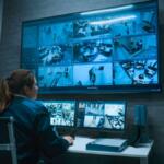 Security operator monitoring multiple CCTV feeds on a wall-sized monitor in a control room.