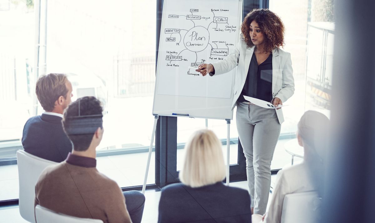 Businesswoman presenting a plan on a flip chart to a small group in a bright office conference room, with colleagues listening.100%
