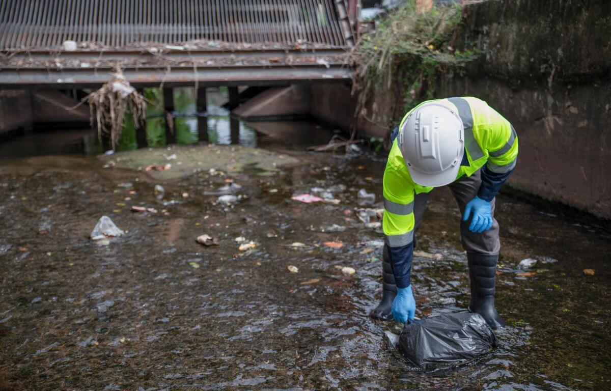 Worker in a neon safety jacket and hard hat collects a plastic bag from a polluted drainage pool under a metal bridge.