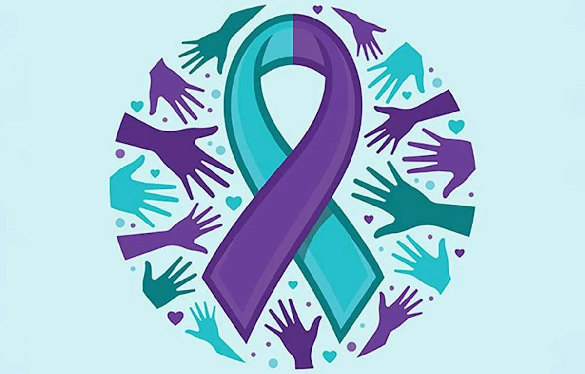 Teal and purple awareness ribbon encircled by colorful hands, symbolizing support and unity.
