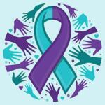 Teal and purple awareness ribbon encircled by colorful hands, symbolizing support and unity.
