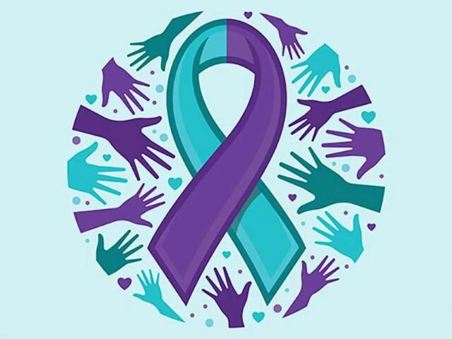 Teal and purple awareness ribbon encircled by colorful hands, symbolizing support and unity.