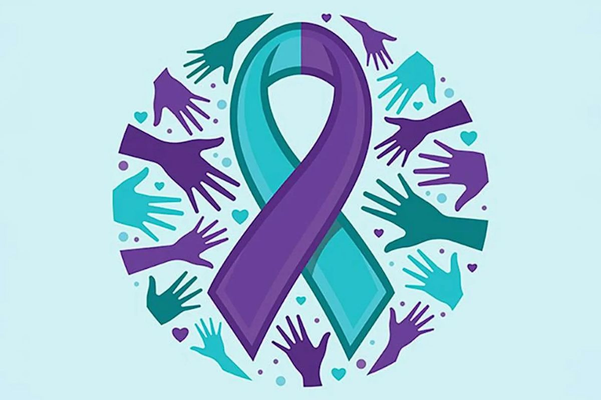 Teal and purple awareness ribbon encircled by colorful hands, symbolizing support and unity.