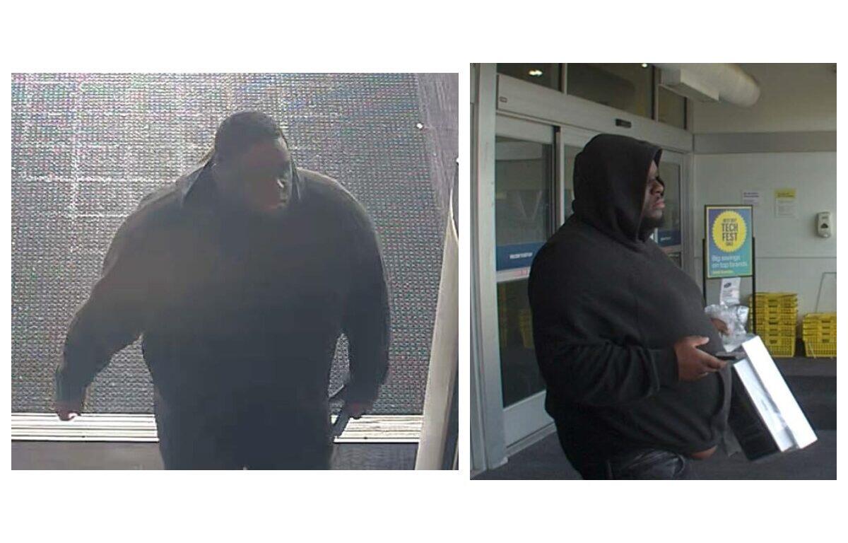 Two surveillance shots of a heavyset person in a black hoodie near a doorway; left image shows them walking toward the camera, right image shows them holding a white box near the entrance.