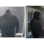 Two surveillance shots of a heavyset person in a black hoodie near a doorway; left image shows them walking toward the camera, right image shows them holding a white box near the entrance.