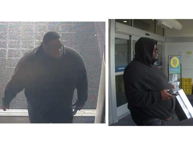 Two surveillance shots of a heavyset person in a black hoodie near a doorway; left image shows them walking toward the camera, right image shows them holding a white box near the entrance.