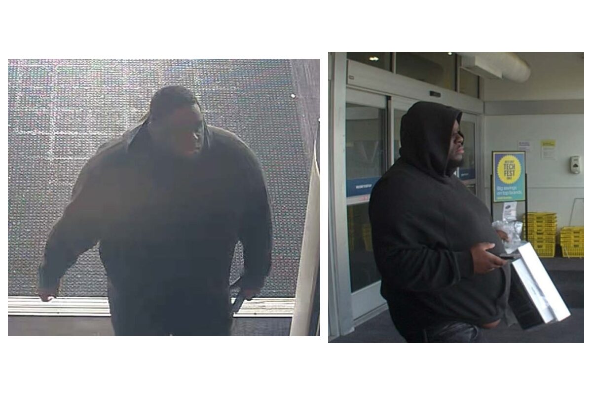 Two surveillance shots of a heavyset person in a black hoodie near a doorway; left image shows them walking toward the camera, right image shows them holding a white box near the entrance.