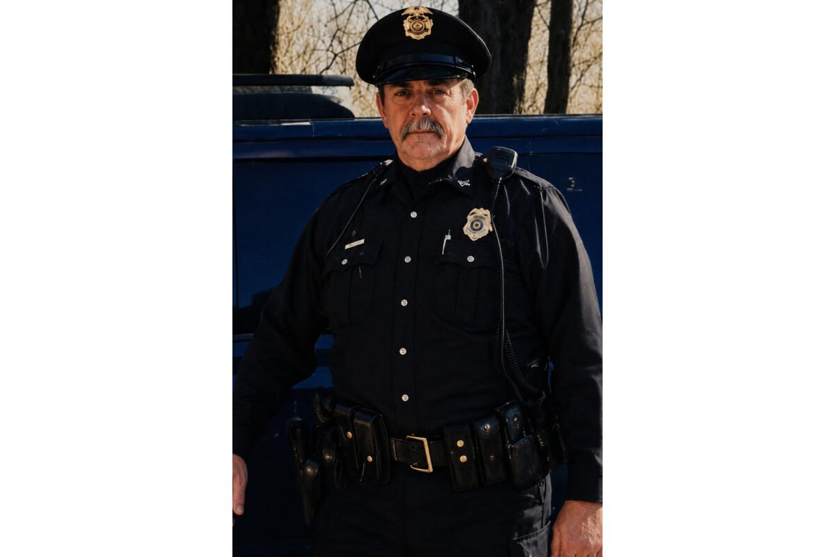 Police officer in a dark uniform with badge, standing beside a blue squad car outdoors.