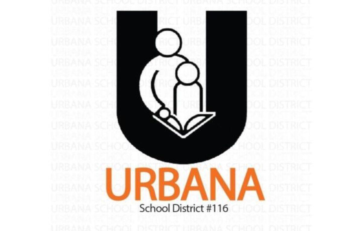 Urbana School District 116 logo: a black U with two abstract figures reading a book, orange URBANA text below.