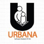 Urbana School District 116 logo: a black U with two abstract figures reading a book, orange URBANA text below.