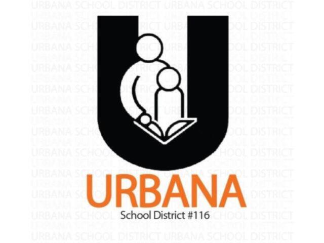 Urbana School District 116 logo: a black U with two abstract figures reading a book, orange URBANA text below.