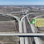 Aerial view of a multi-level highway interchange under construction, with a yellow note stating: 'Each interchange ramp is being permanently tied to the new I-57/74 lanes this year, requiring up to a four-week closure of each ramp.'