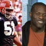 Split image: on the left, a football player in a black jersey with number 51 and a red helmet; on the right, a smiling man in an orange shirt and black jacket indoors, with a cityscape background.