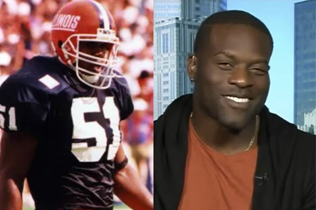 Split image: on the left, a football player in a black jersey with number 51 and a red helmet; on the right, a smiling man in an orange shirt and black jacket indoors, with a cityscape background.