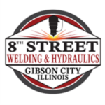 Logo for 8th Street Welding & Hydraulics, Gibson City, Illinois, featuring a welding torch over a circular badge and banner with the company name.