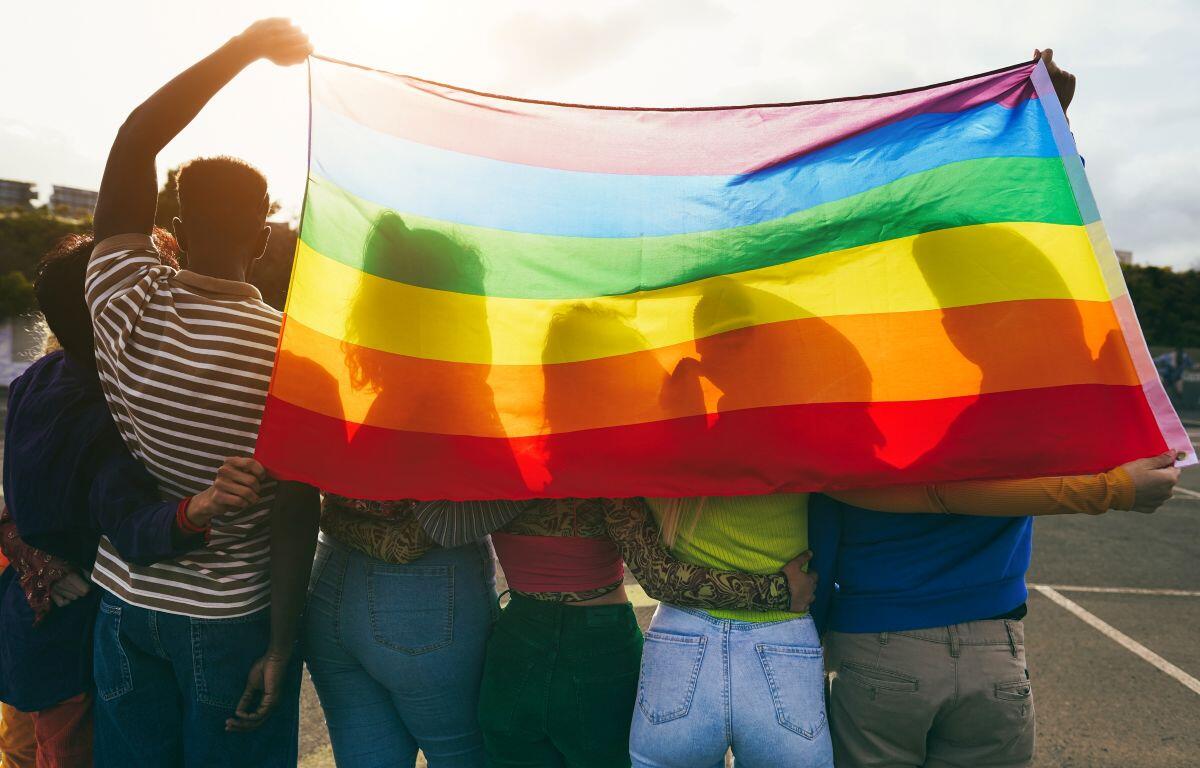 Group of people holding a large rainbow pride flag, embracing in a sunny outdoor setting, symbolizing LGBTQ+ pride and solidarity.