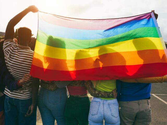 Group of people holding a large rainbow pride flag, embracing in a sunny outdoor setting, symbolizing LGBTQ+ pride and solidarity.